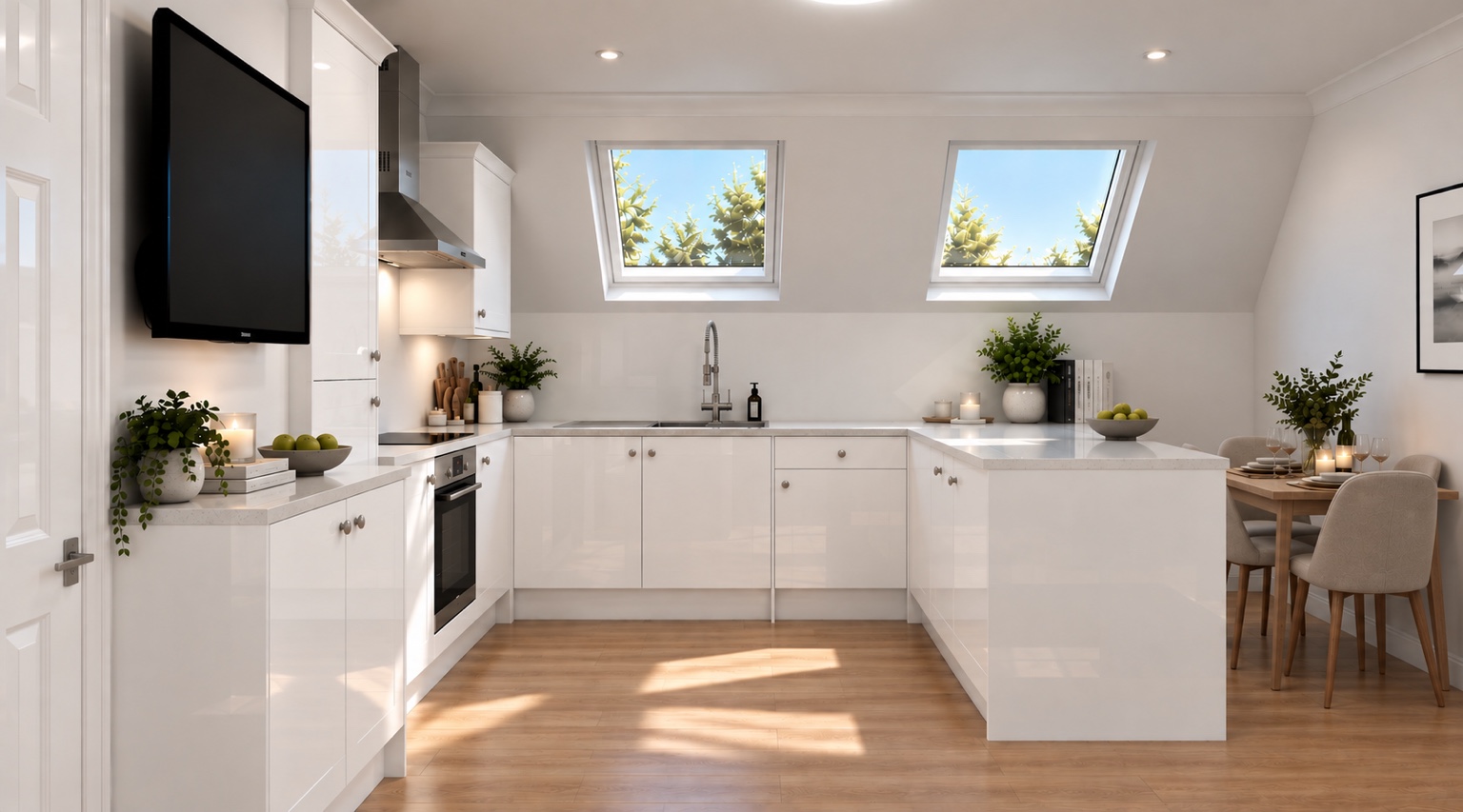 A bright kitchen with a peninsula and roof windows